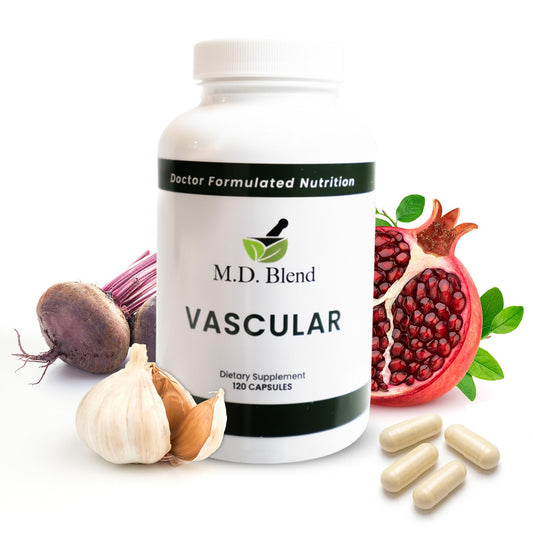 M.D. Blend Vascular supplement bottle front with capsules for circulation support.