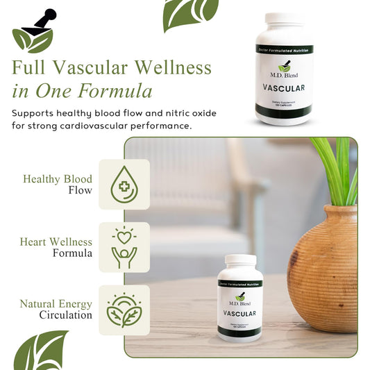 M.D. Blend Vascular bottle side view for daily blood flow support.