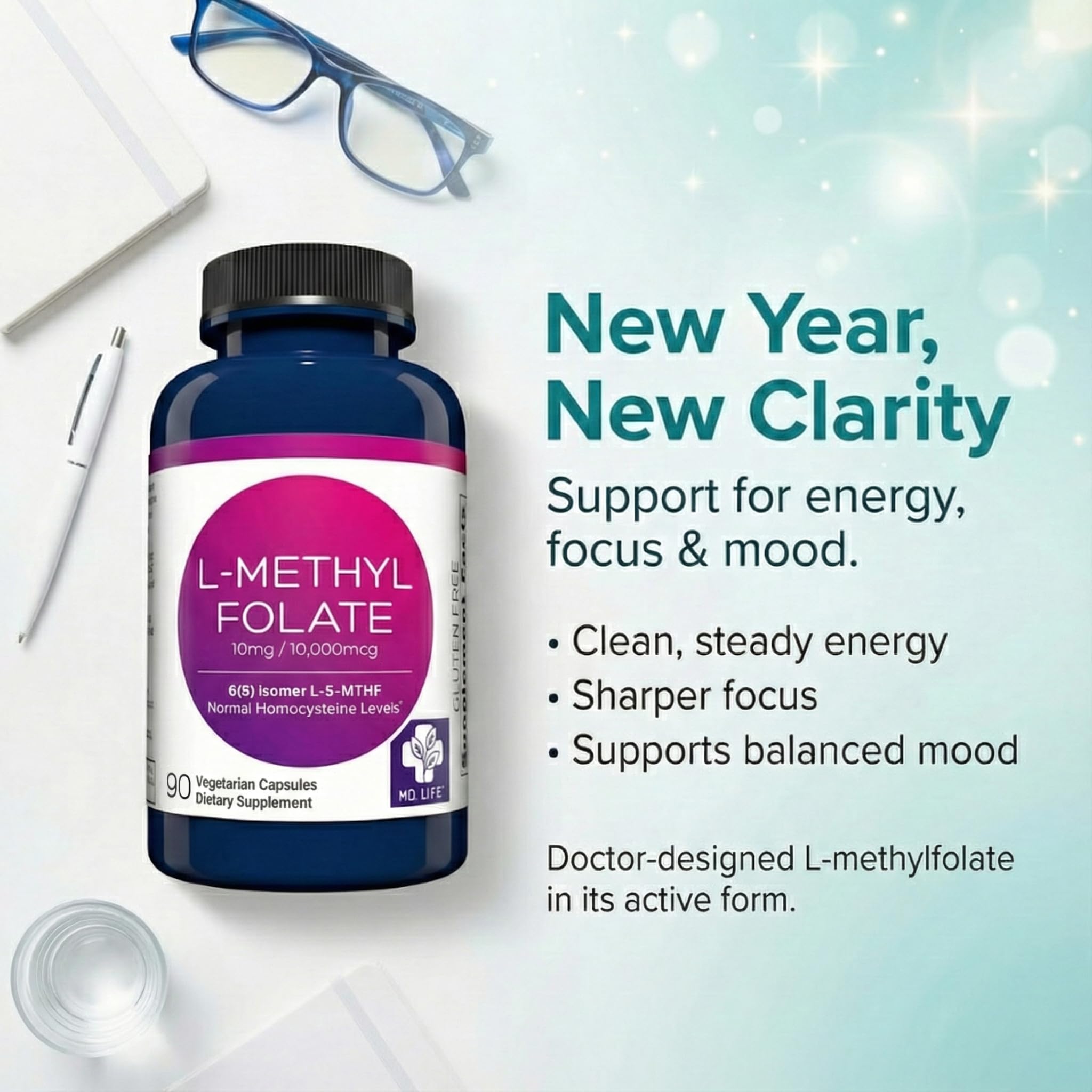 Close-up of MD Life L-Methylfolate 10 mg capsules showing compact design.