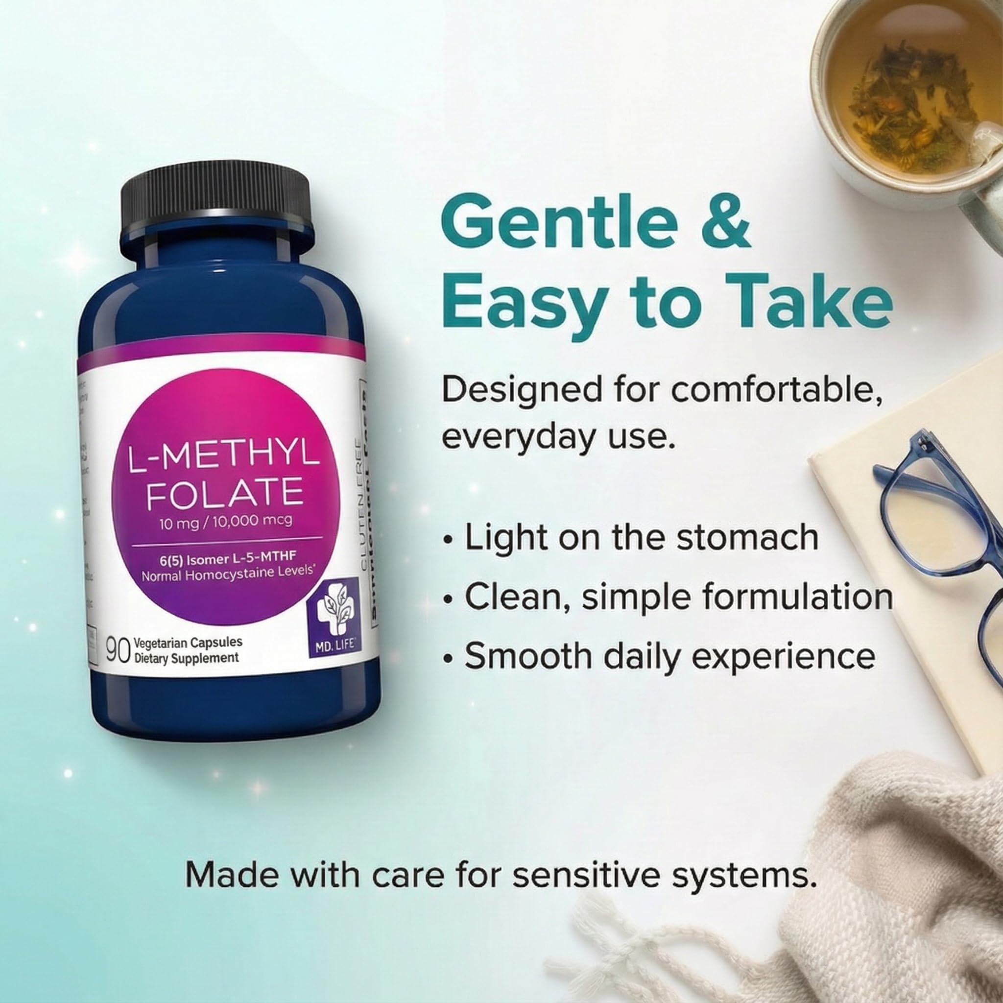 MD Life L-Methylfolate 10 mg free-from label indicating allergen-free formulation.