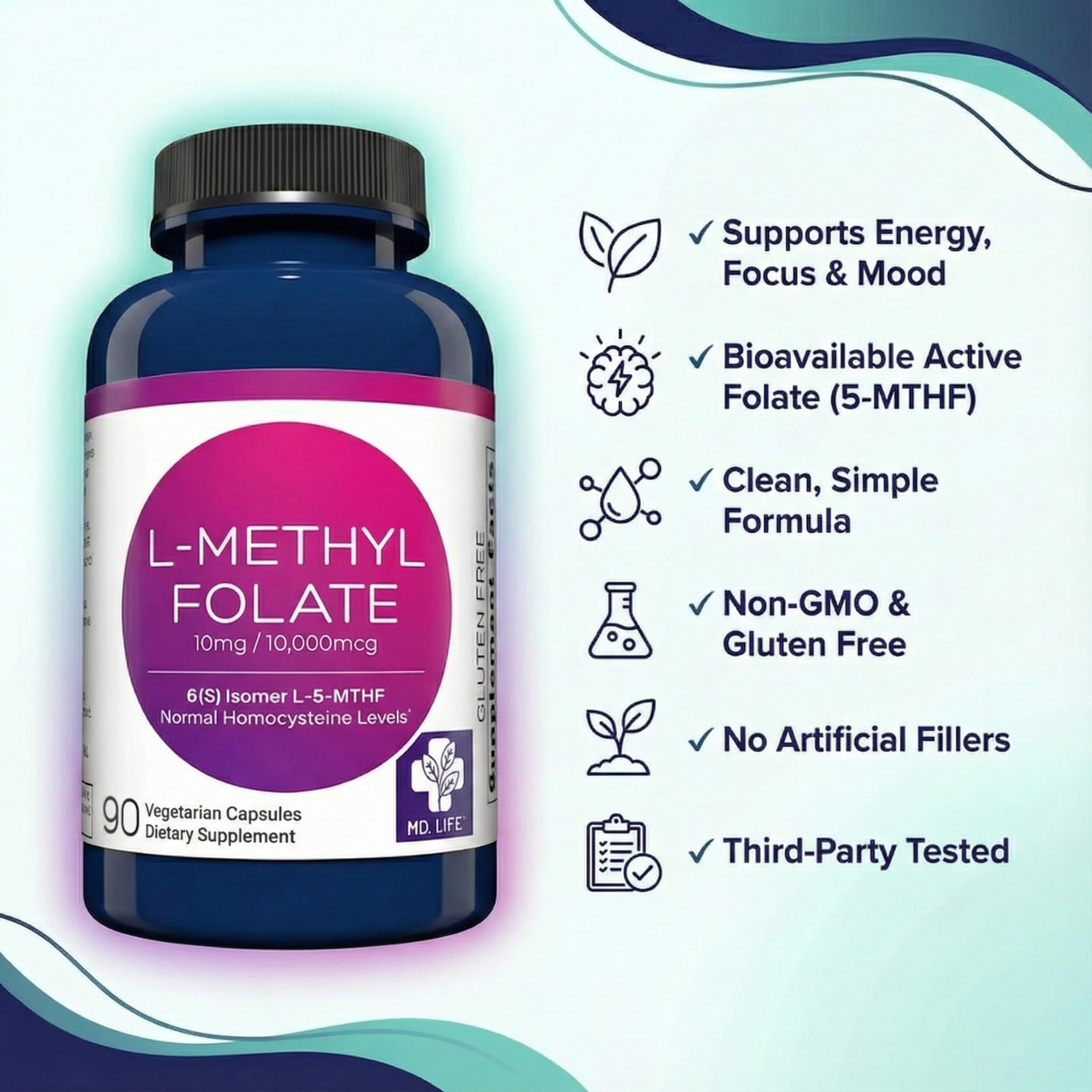 GMP manufacturing seal on MD Life L-Methylfolate 10 mg bottle.