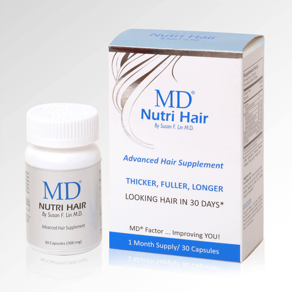 MD Nutri hair growth supplement bottle promoting daily hair nourishment