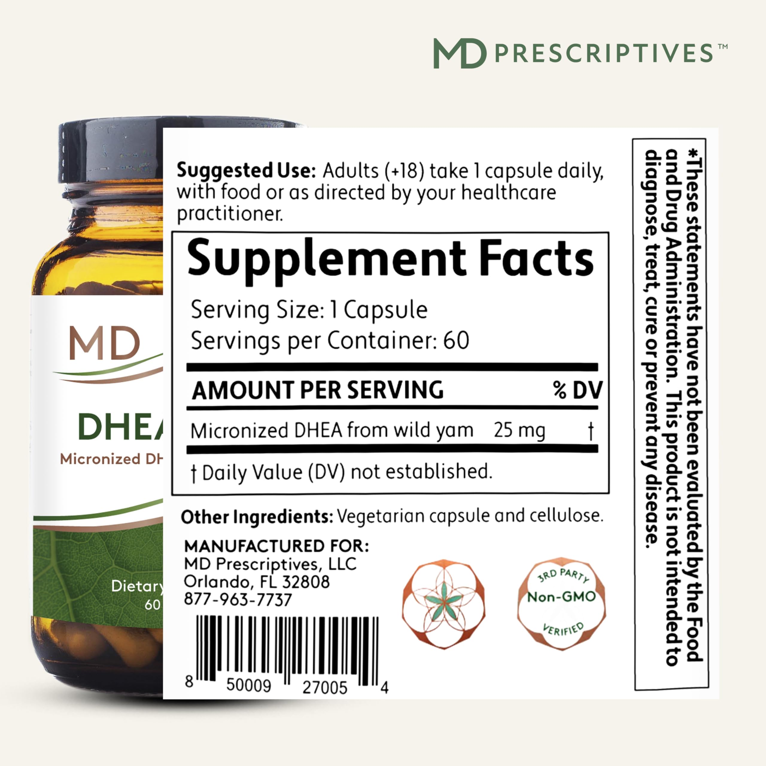 MD Prescriptives DHEA 25mg capsule closeup, vegetarian capsule from natural source