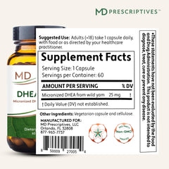 MD Prescriptives DHEA 25mg capsule closeup, vegetarian capsule from natural source