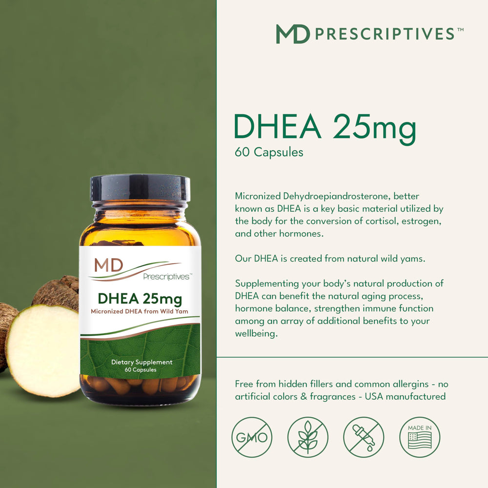 MD Prescriptives DHEA 25mg label shows dosage and sourcing