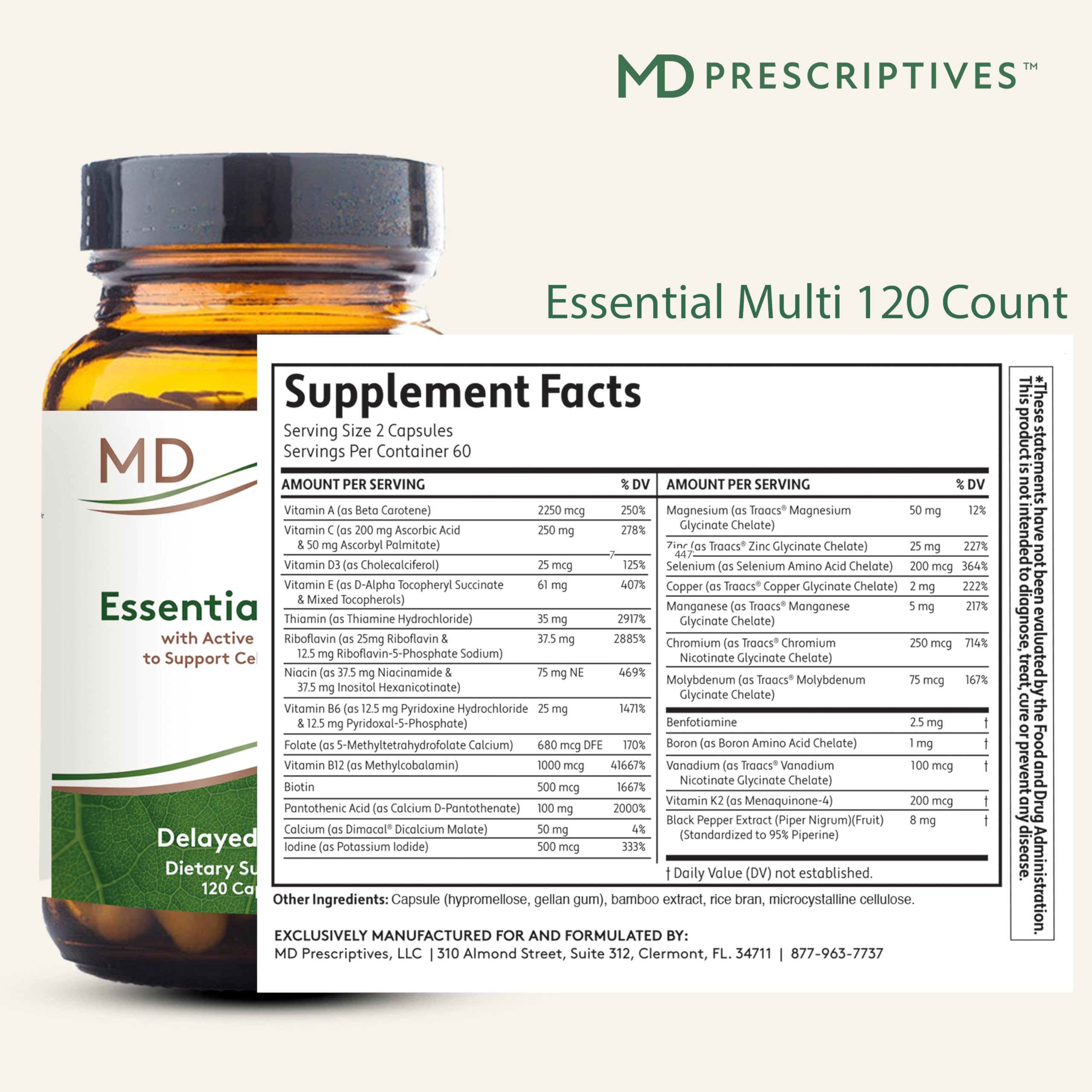 MD Prescriptives Essential Multi bottle side view showing convenient daily capsules