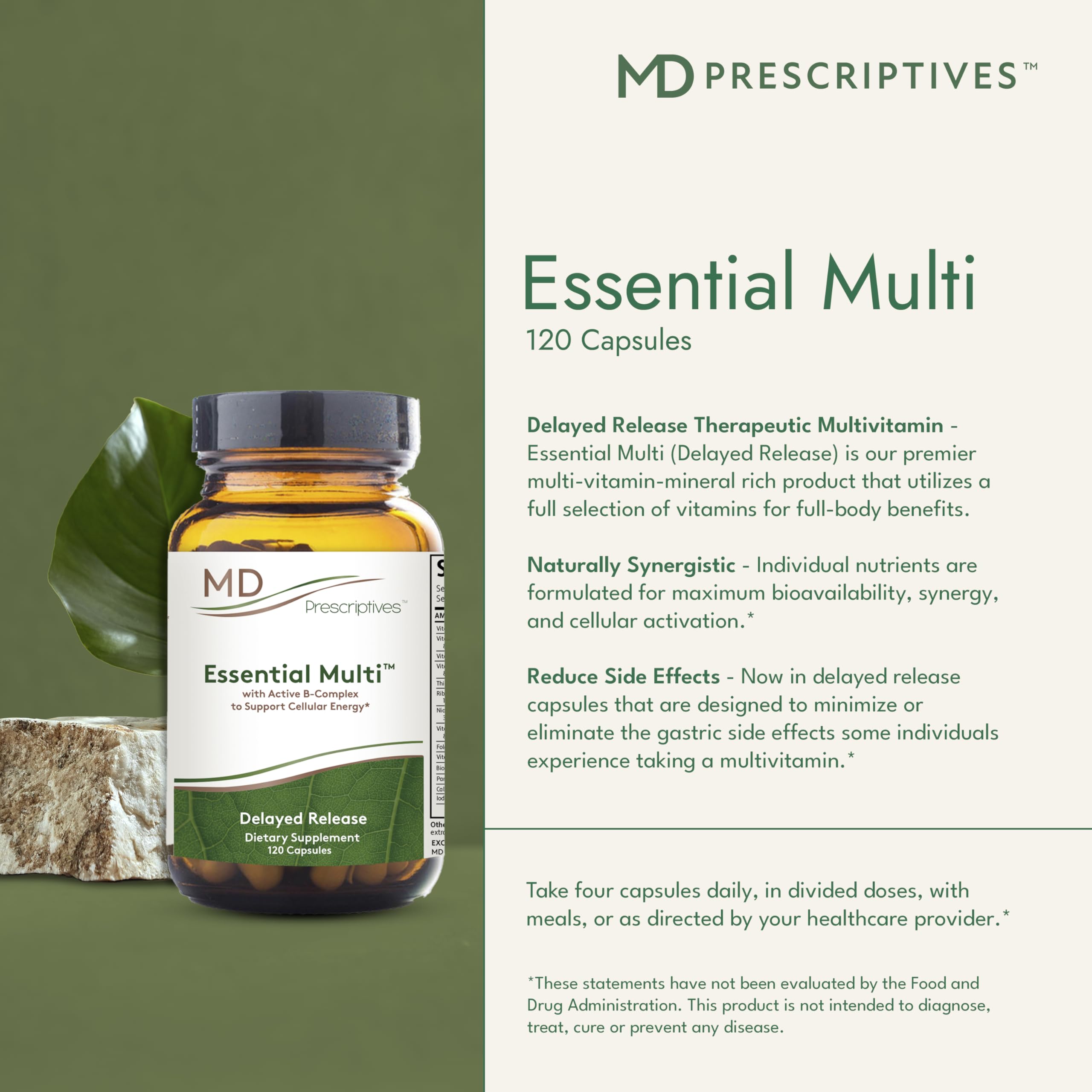 MD Prescriptives Essential Multi capsules closeup highlighting hypoallergenic formula