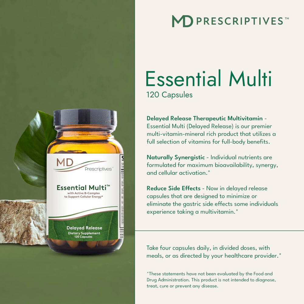 MD Prescriptives Essential Multi capsules closeup highlighting hypoallergenic formula