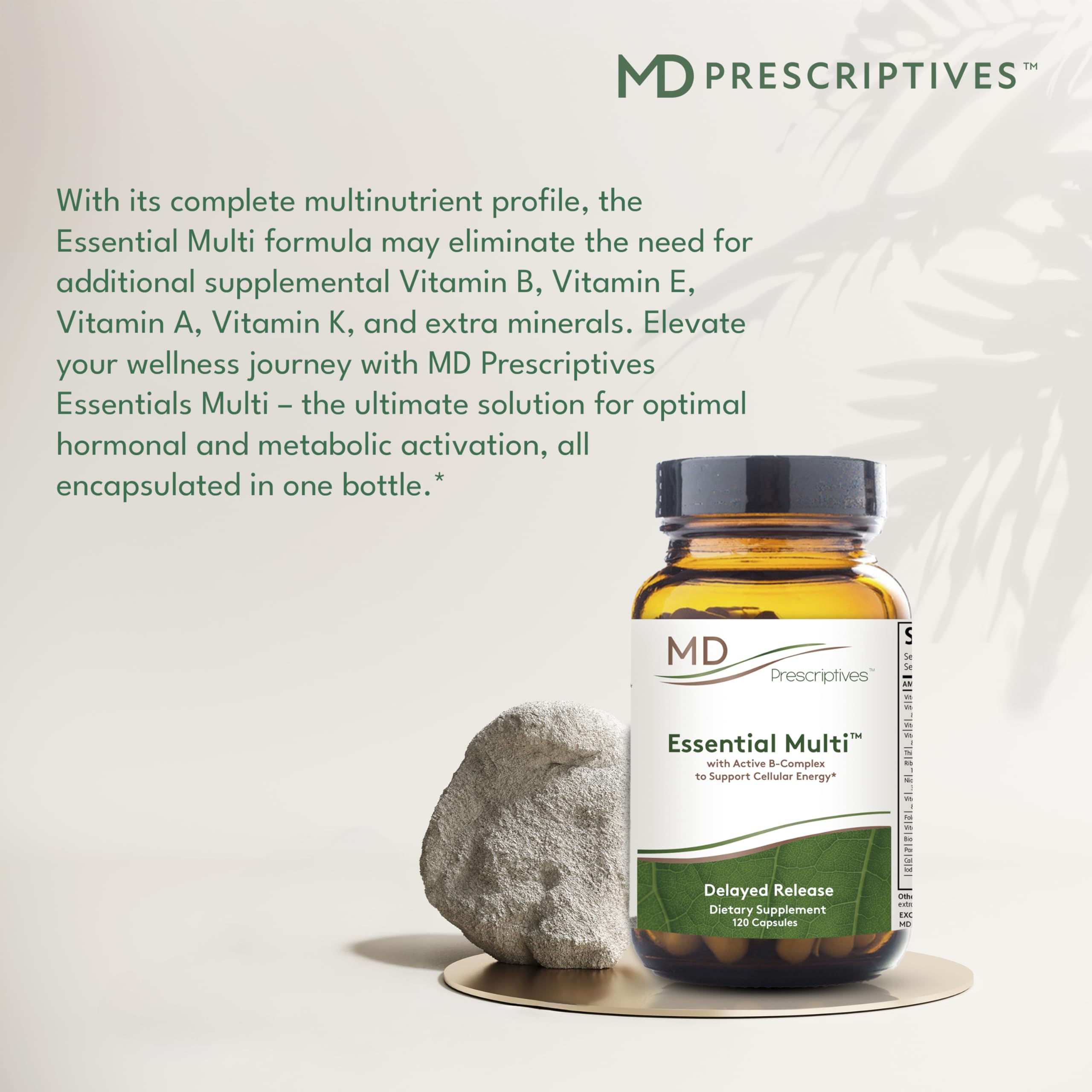 MD Prescriptives Essential Multi label view with allergen-free, GMO-free ingredients note