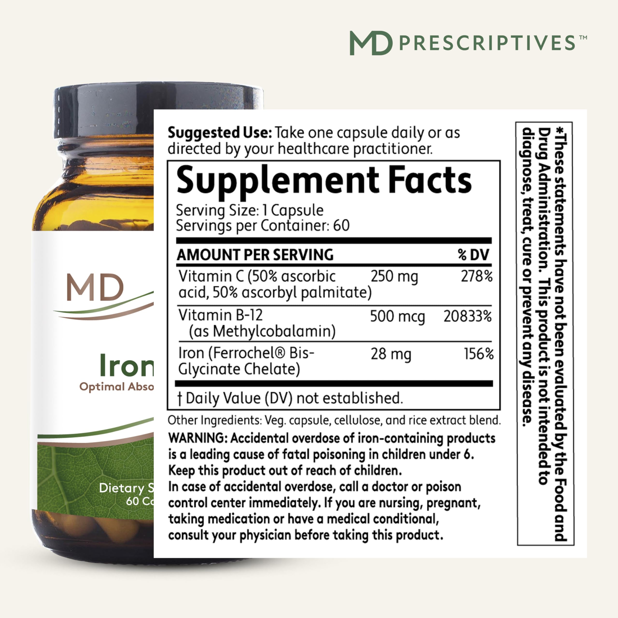 MD Prescriptives Iron MD label showing ingredients and storage guidance.