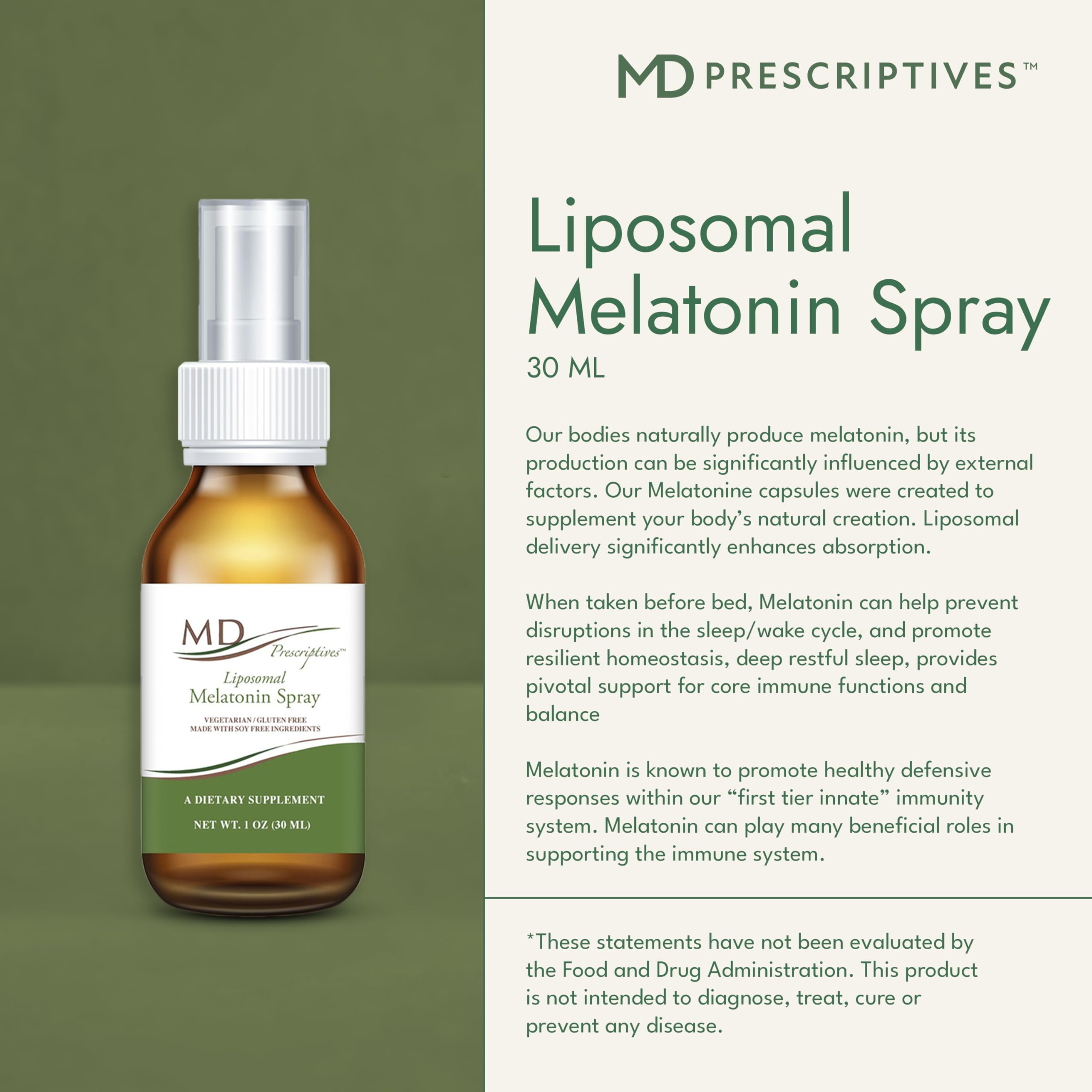 MD Prescriptives liposomal melatonin spray label detail shows vegetarian-friendly formula