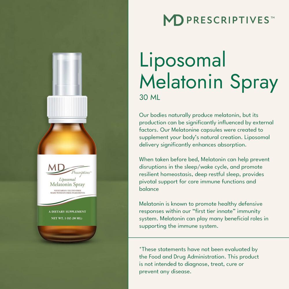 MD Prescriptives liposomal melatonin spray label detail shows vegetarian-friendly formula