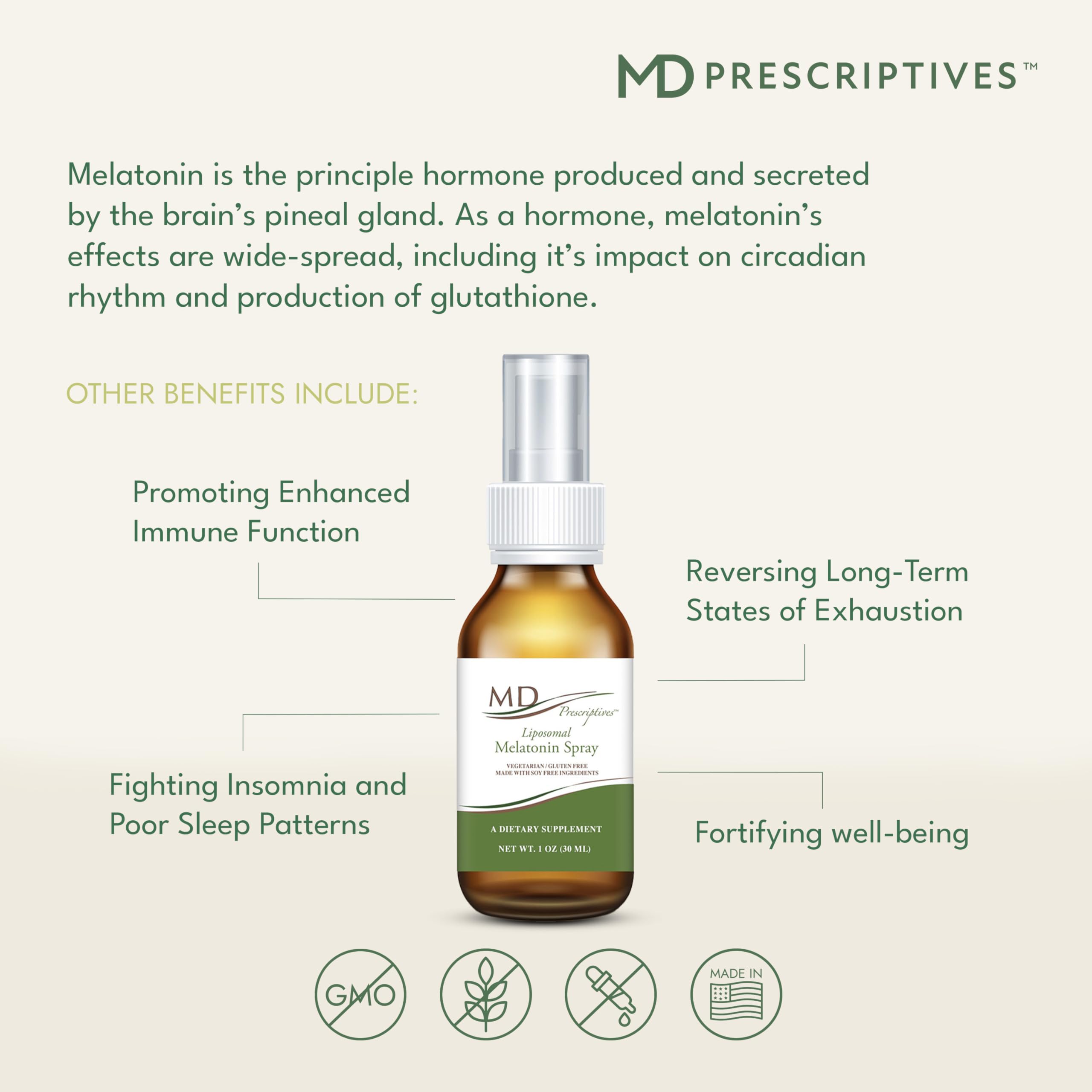 MD Prescriptives liposomal melatonin spray packaging close-up highlights 30 ml capacity