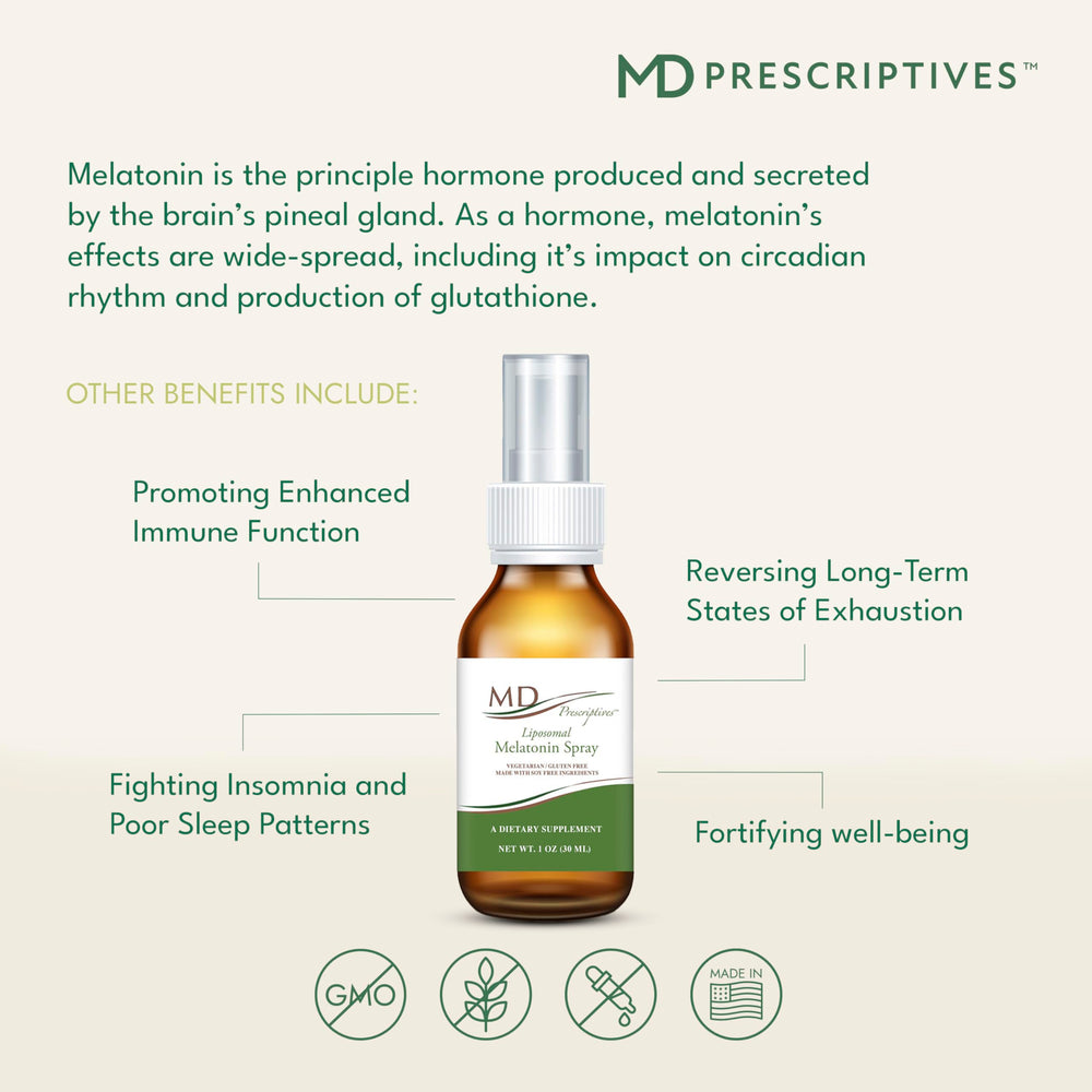 MD Prescriptives liposomal melatonin spray packaging close-up highlights 30 ml capacity