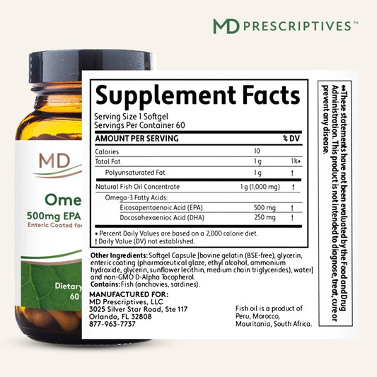MD Prescriptives Omega MD bottle back label with dosing details for informed use.