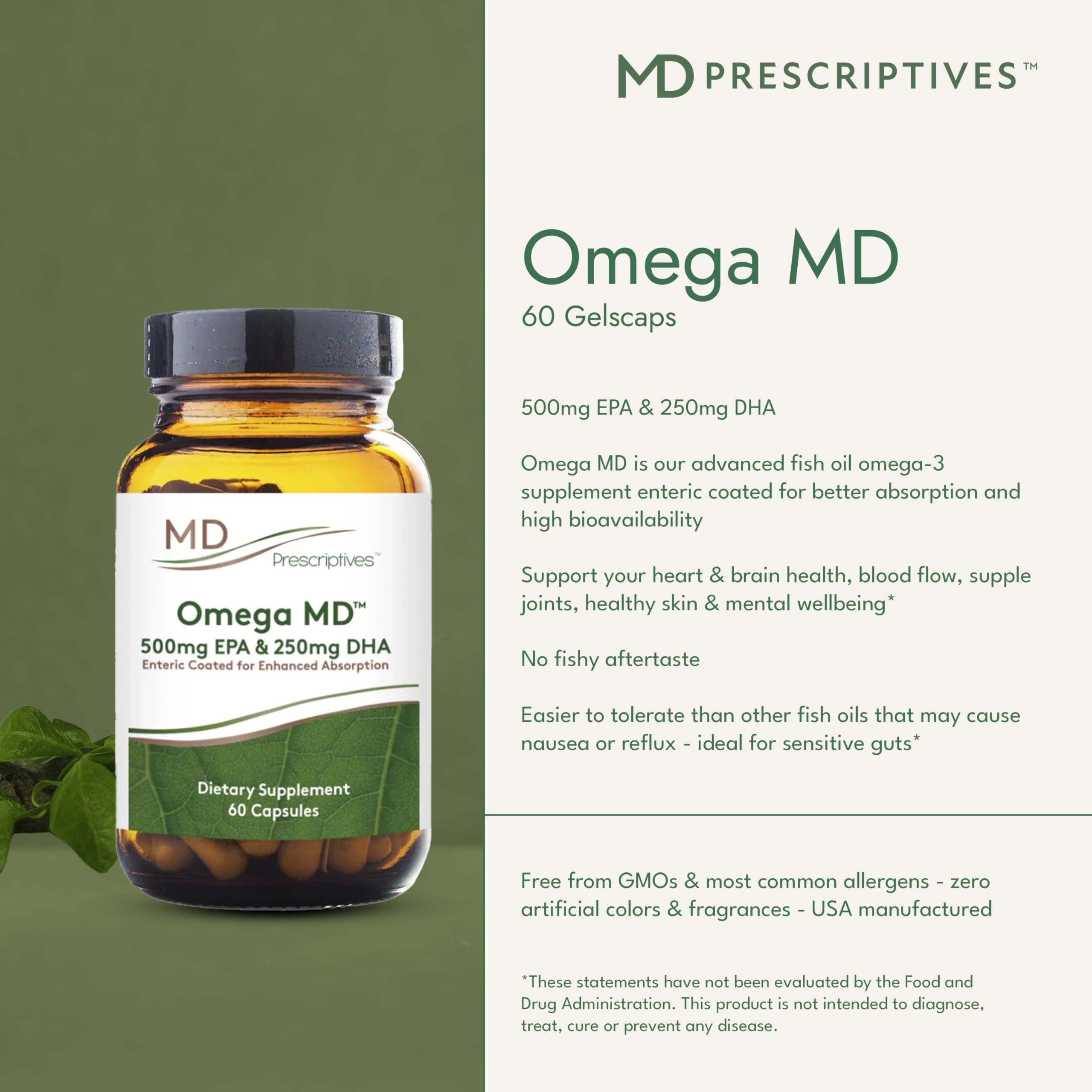 MD Prescriptives Omega MD softgels closeup, enteric coating reduces aftertaste.