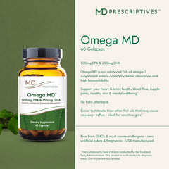 MD Prescriptives Omega MD softgels closeup, enteric coating reduces aftertaste.