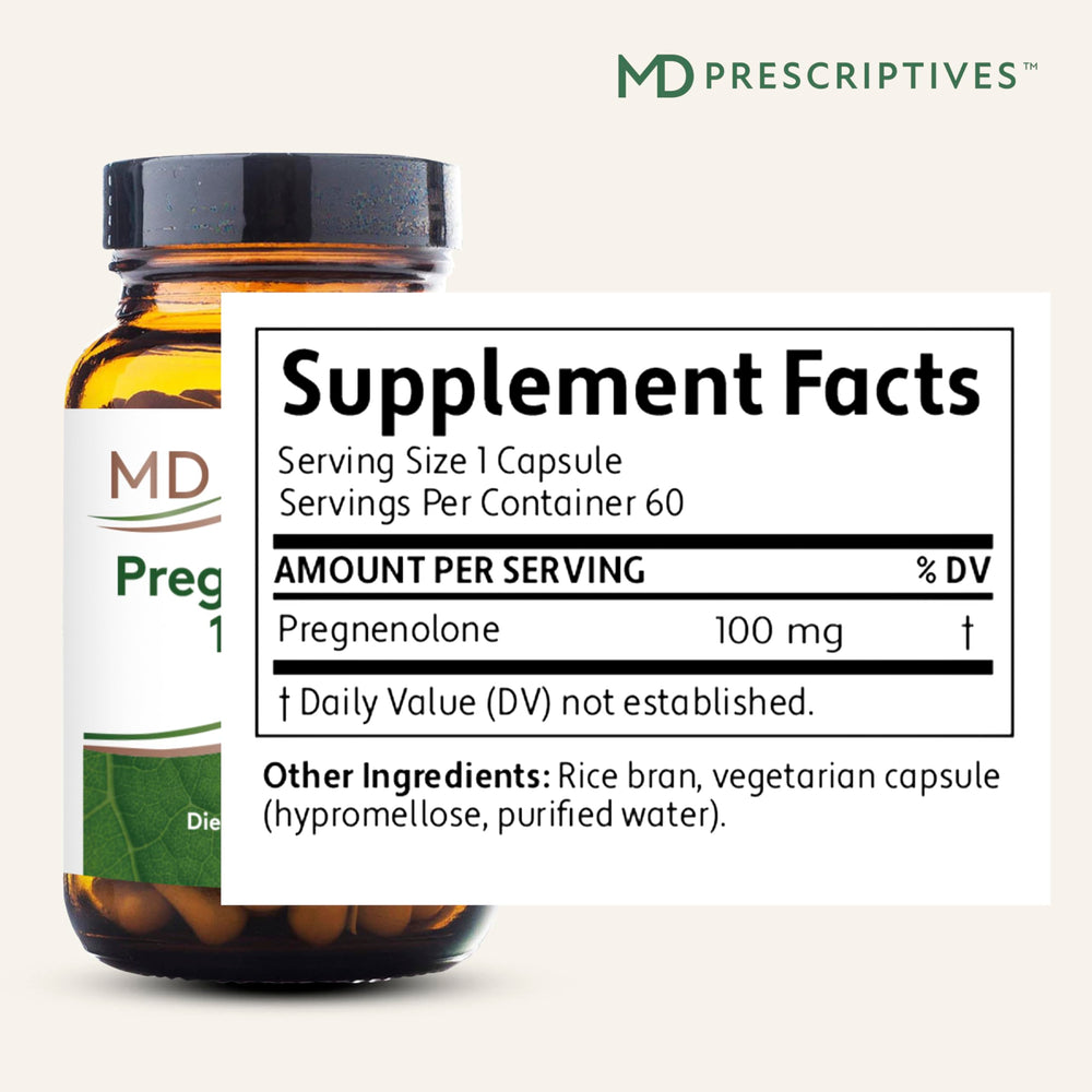 MD Prescriptives Pregnenolone capsules closeup showing daily energy support.