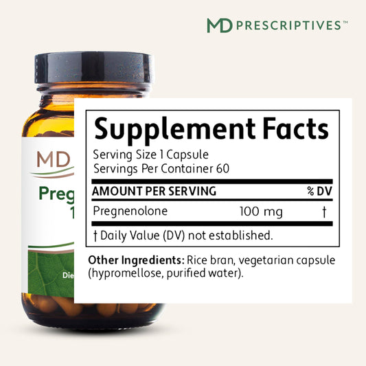MD Prescriptives Pregnenolone capsules closeup showing daily energy support.