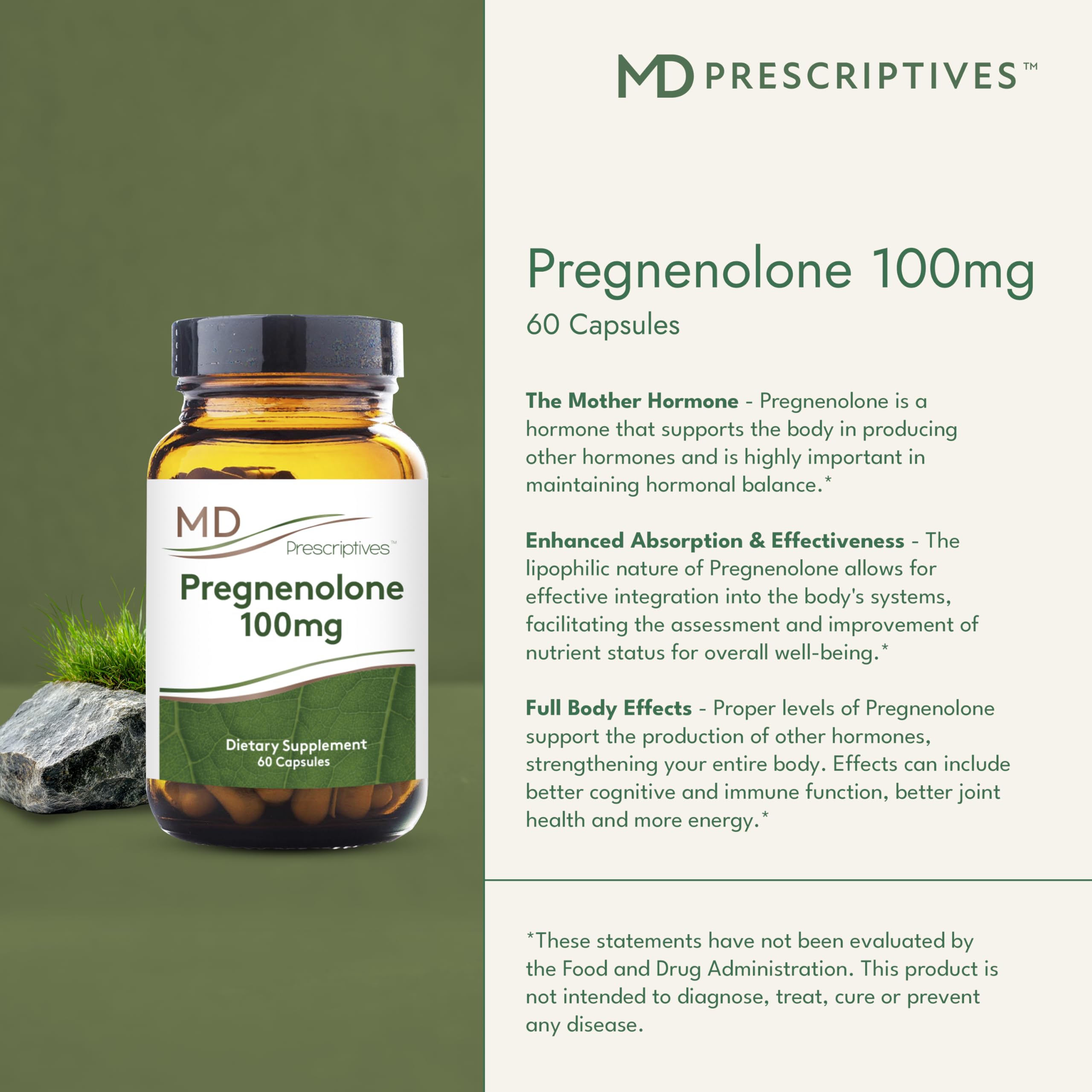 MD Prescriptives Pregnenolone label detail emphasizing non-GMO vegan formula.