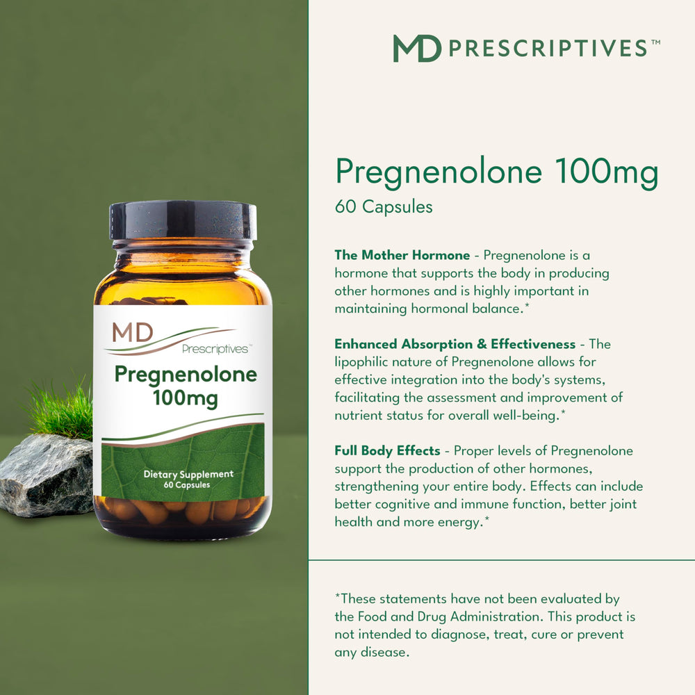MD Prescriptives Pregnenolone label detail emphasizing non-GMO vegan formula.