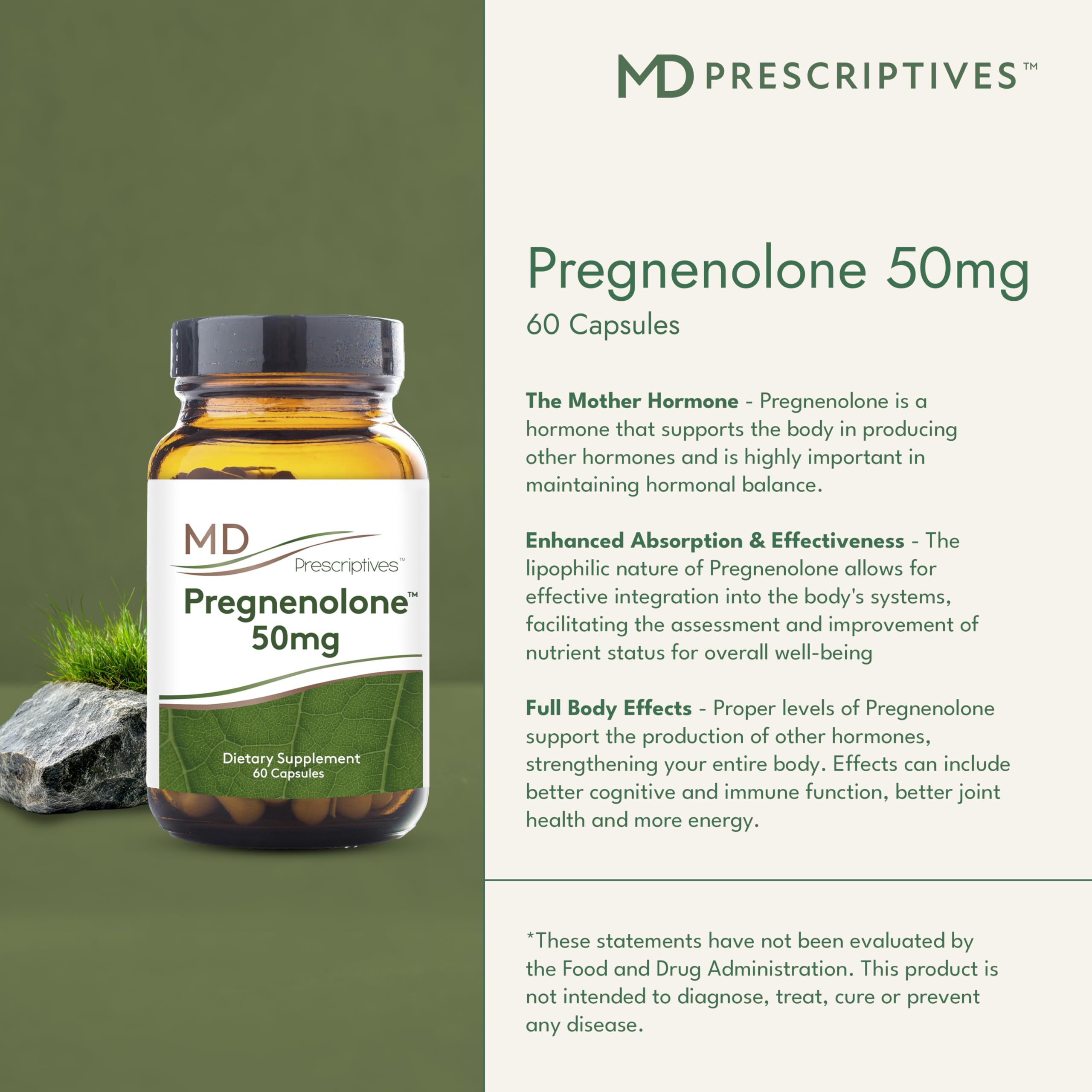 MD Prescriptives Pregnenolone label view conveys clear vegan, non-GMO commitment.