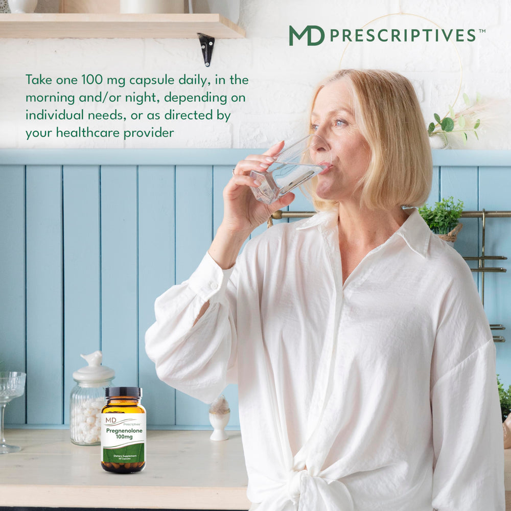 MD Prescriptives Pregnenolone packaging on desk ready for daily routine.