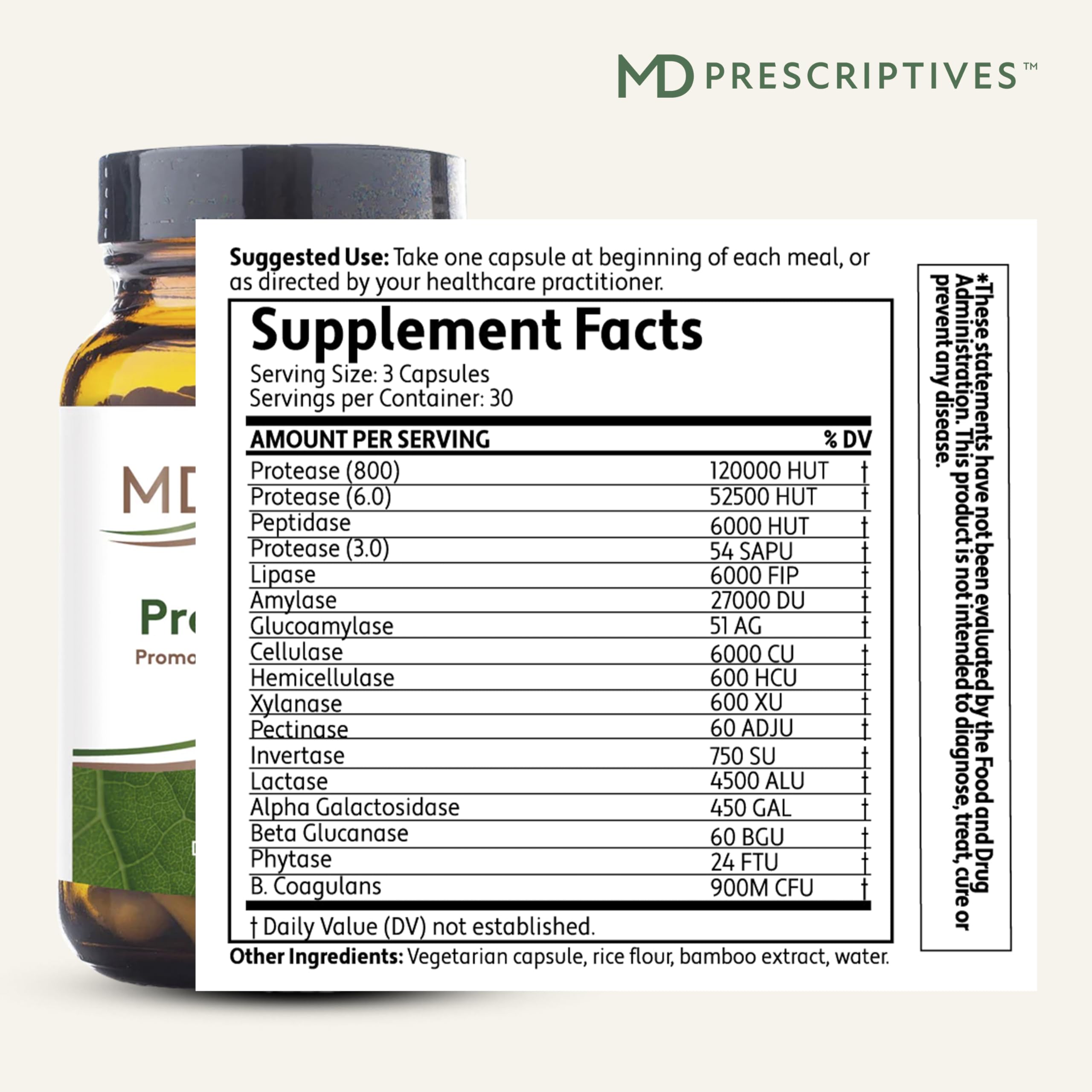 MD Prescriptives ProbioZyme capsules shown for convenient meal-time digestion.