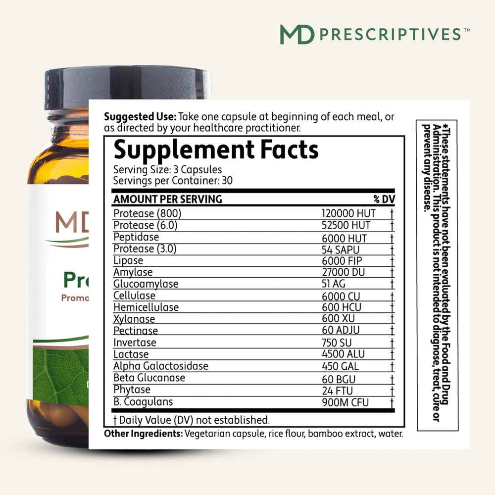 MD Prescriptives ProbioZyme capsules shown for convenient meal-time digestion.