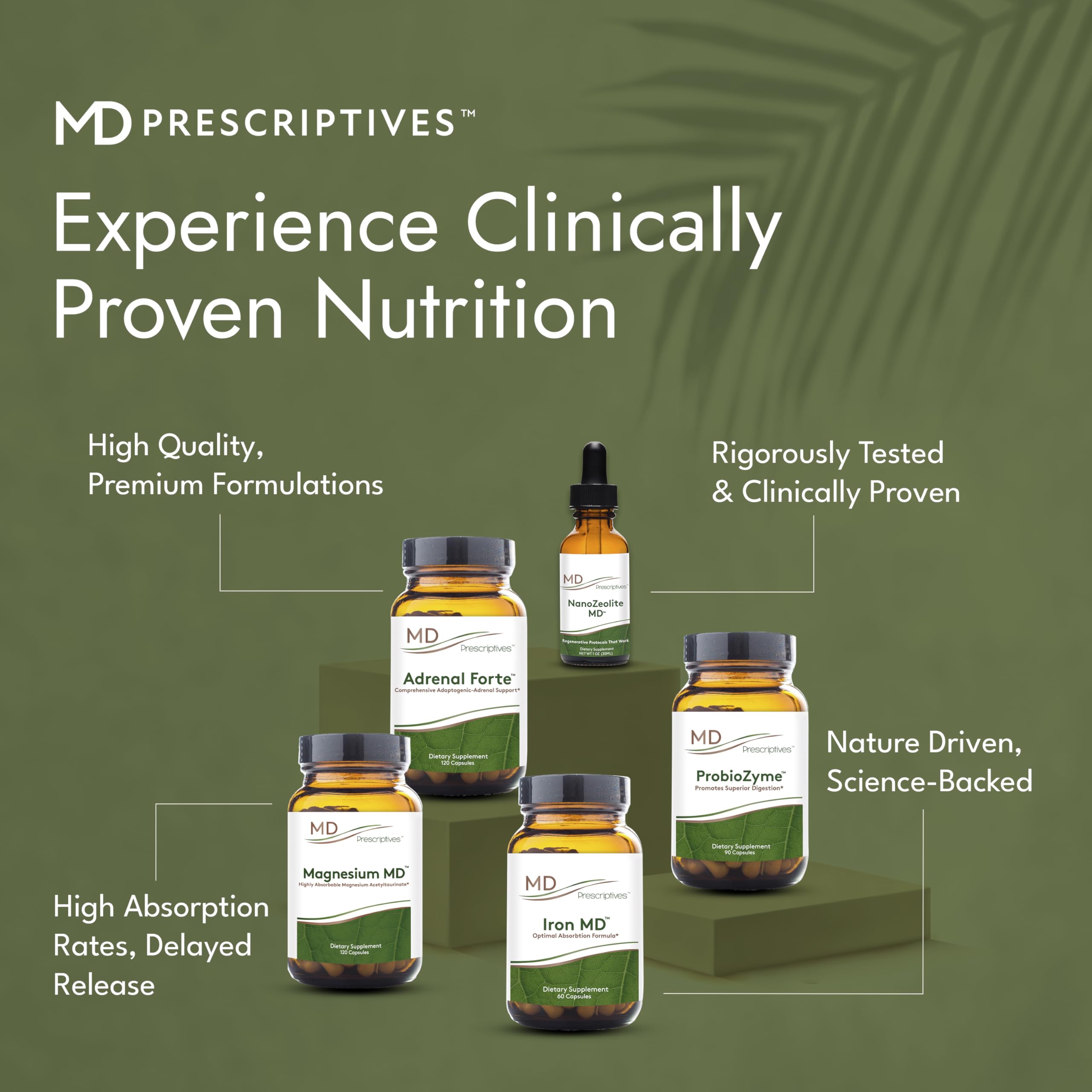 MD Prescriptives ProbioZyme front label highlights patented probiotic mix for digestion.