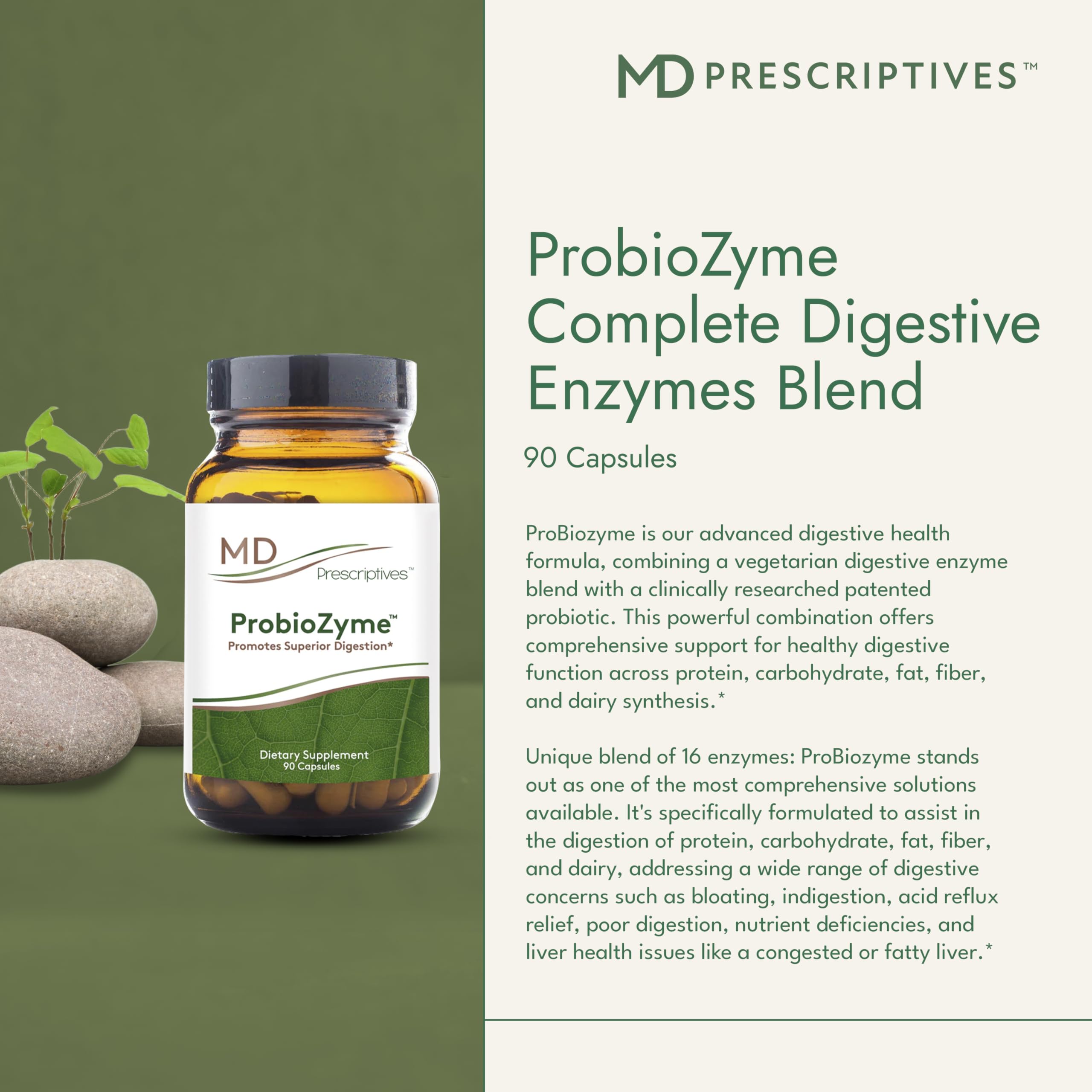MD Prescriptives ProbioZyme label emphasizes vegetarian, gluten-free formula.