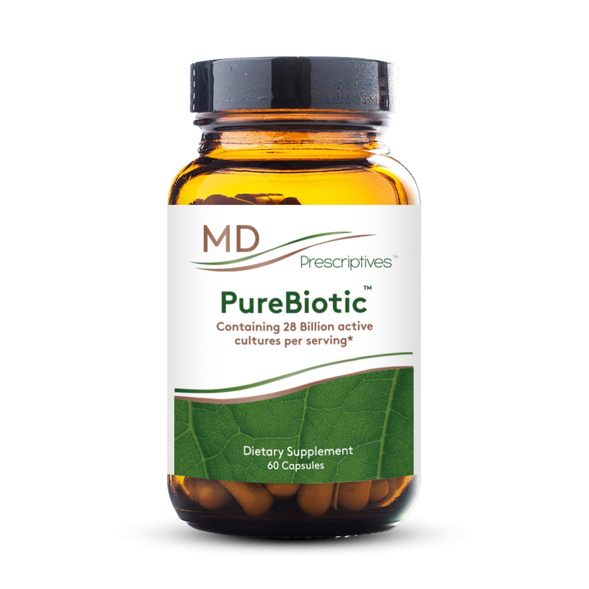 MD Prescriptives PureBiotic bottle on shelf showing 28B culture claim for daily gut health