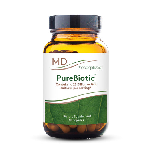 MD Prescriptives PureBiotic bottle on shelf showing 28B culture claim for daily gut health