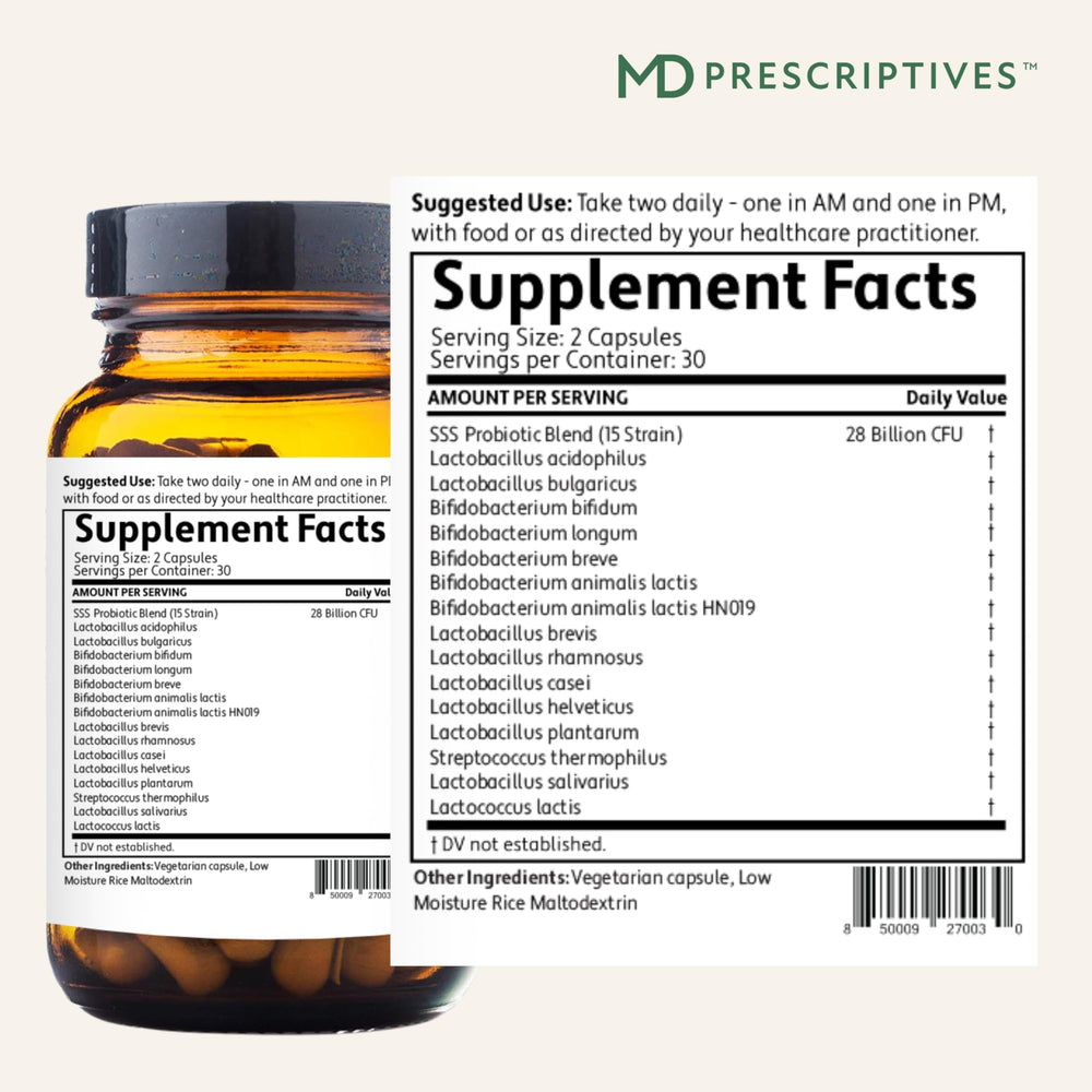 MD Prescriptives PureBiotic capsules close-up highlighting multiple probiotic strains