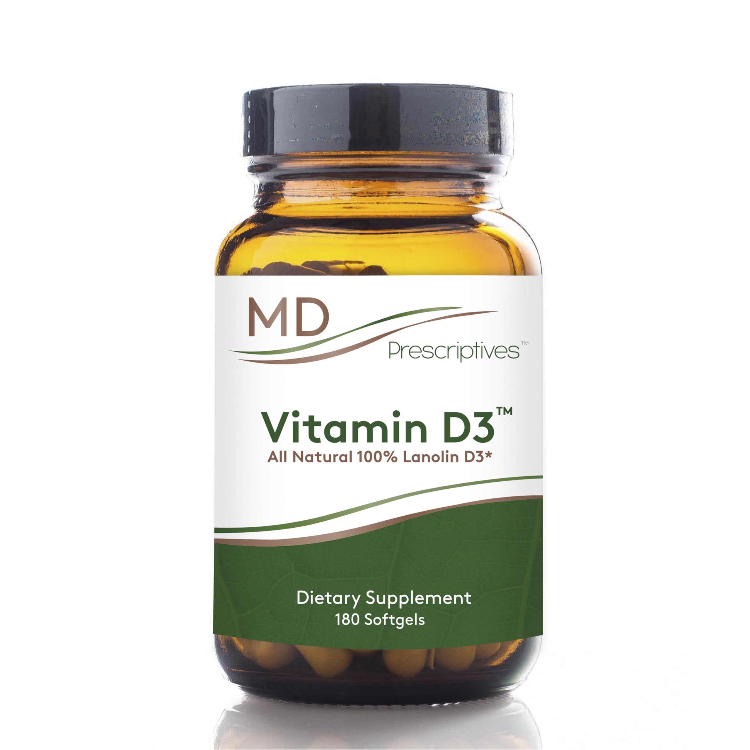 MD Prescriptives Vitamin D3 bottle with 180 vegetarian softgels for bone and immune support.