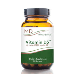 MD Prescriptives Vitamin D3 bottle with 180 vegetarian softgels for bone and immune support.