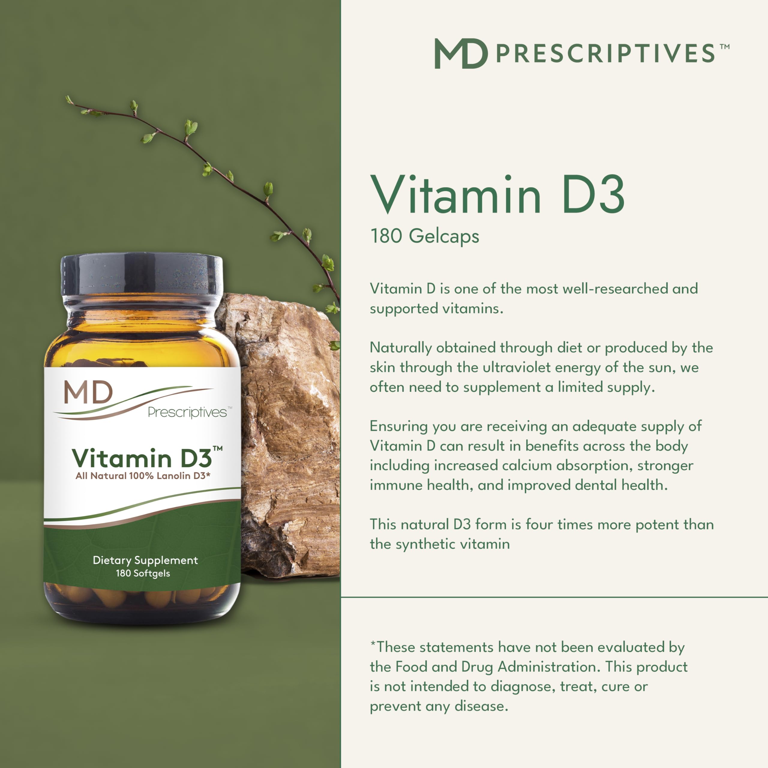 Detail of MD Prescriptives Vitamin D3 label showing non-GMO vegetarian formula.