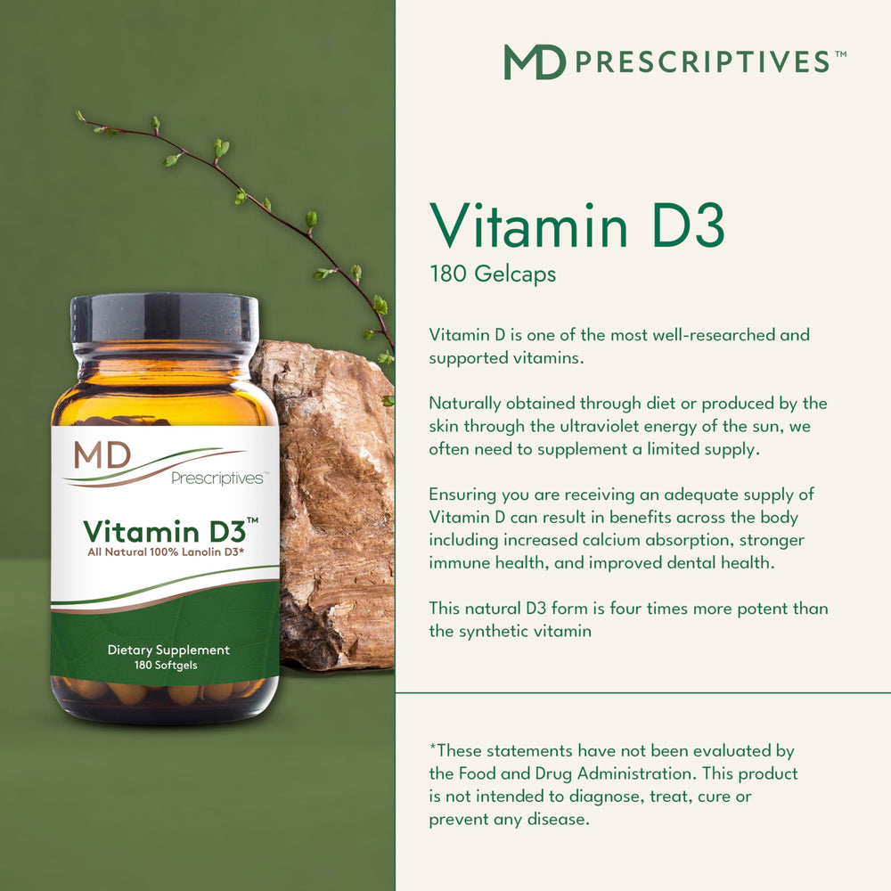 Detail of MD Prescriptives Vitamin D3 label showing non-GMO vegetarian formula.