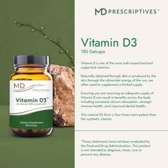 Detail of MD Prescriptives Vitamin D3 label showing non-GMO vegetarian formula.