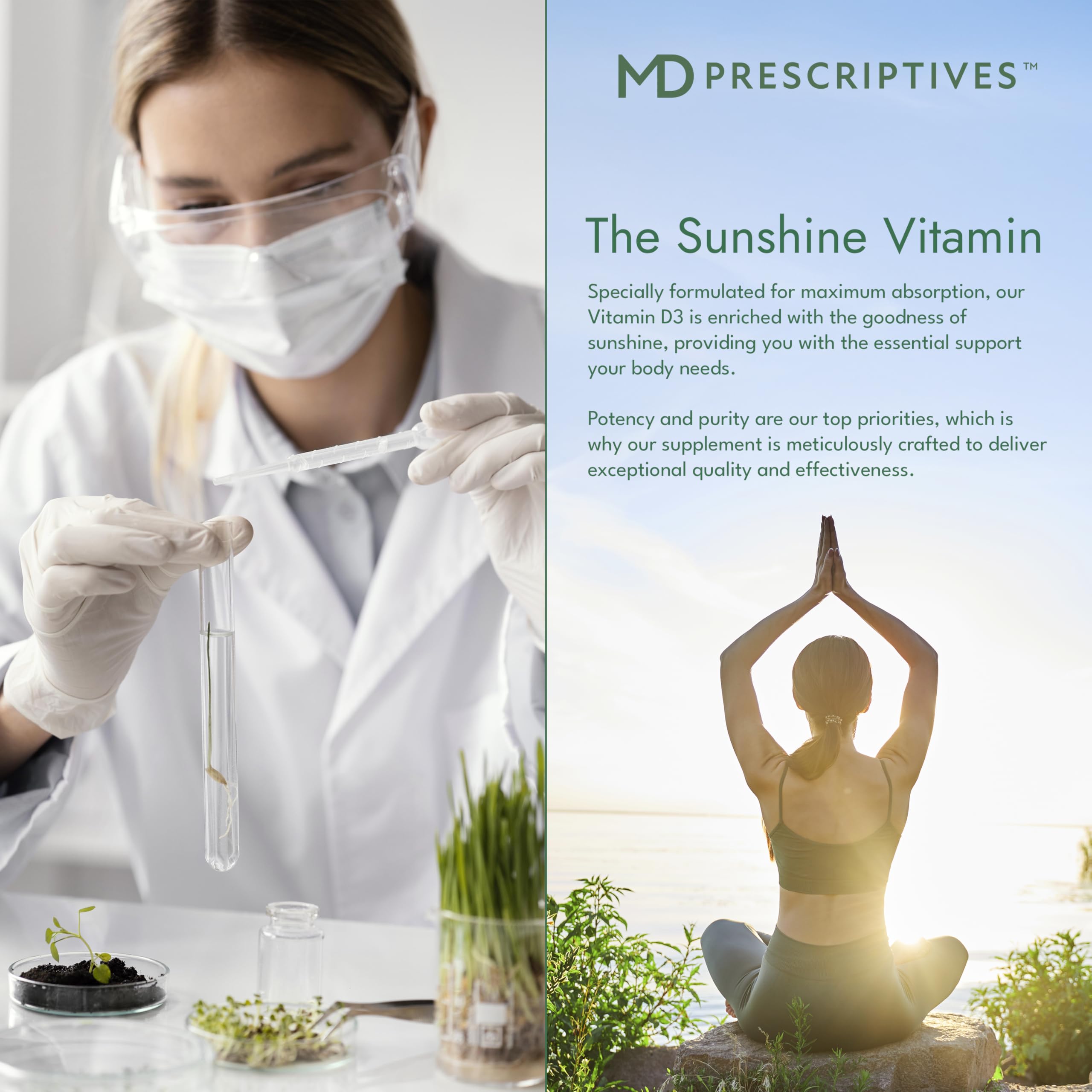 MD Prescriptives Vitamin D3 packaging box emphasizing daily use and convenience.