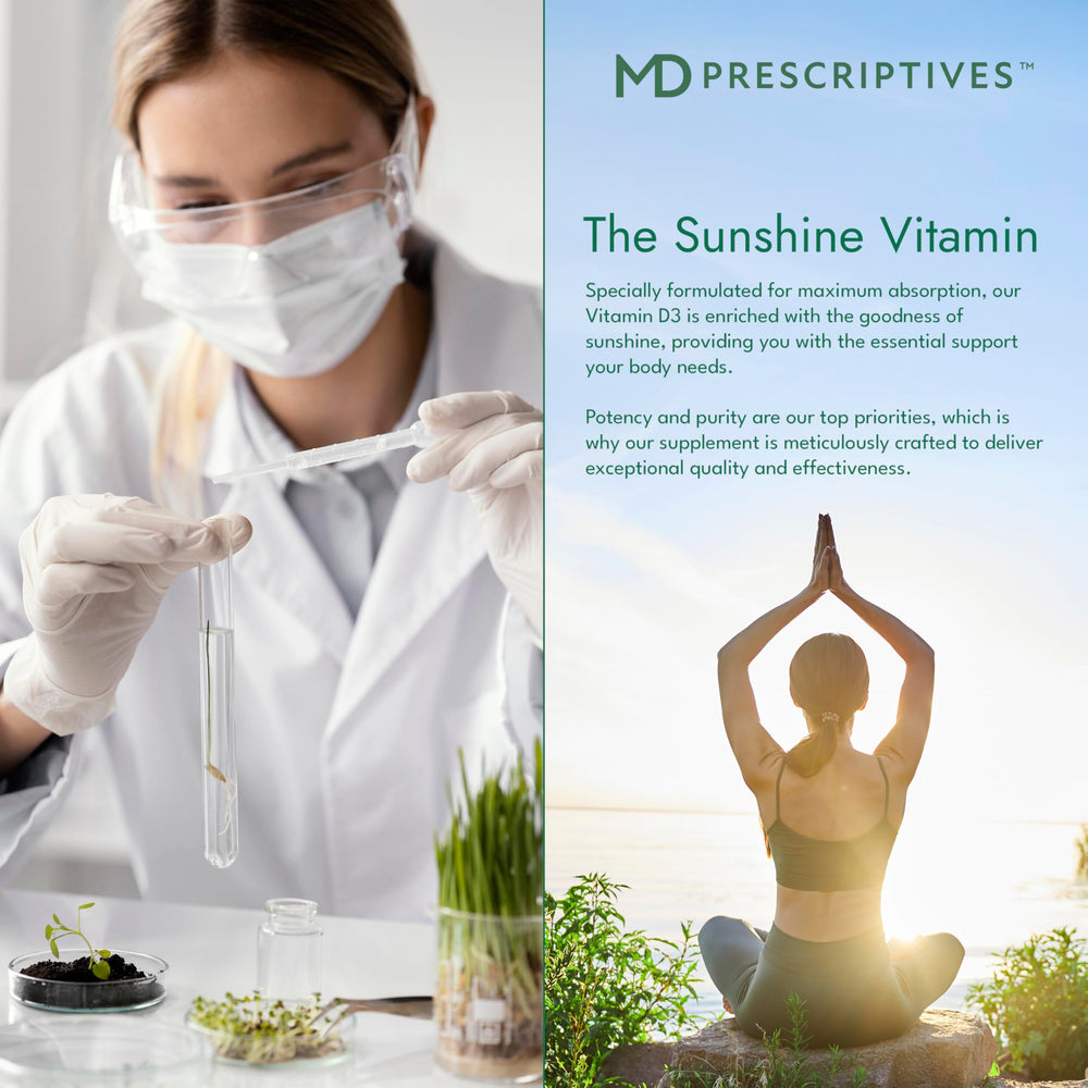 MD Prescriptives Vitamin D3 packaging box emphasizing daily use and convenience.