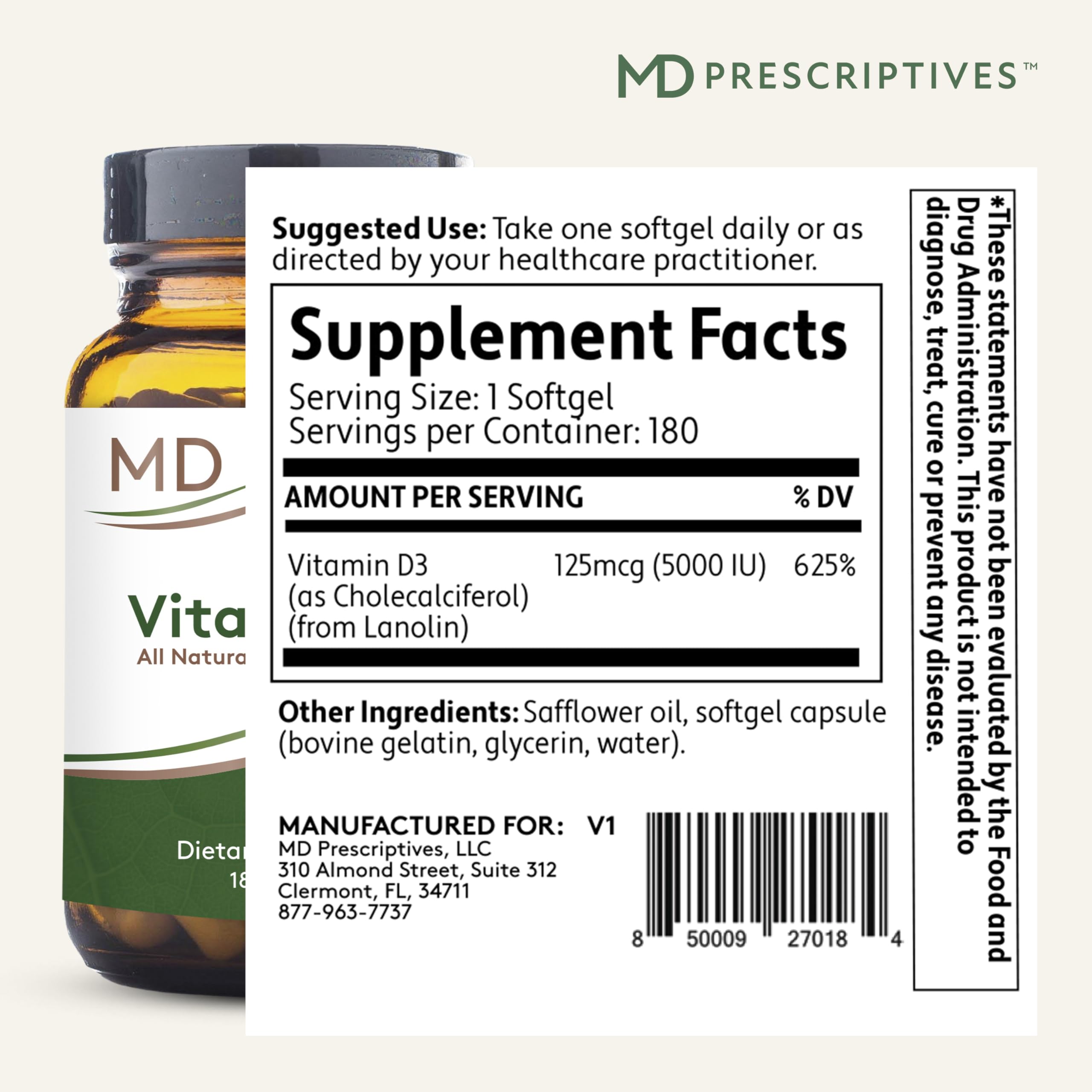 Close-up of MD Prescriptives Vitamin D3 softgels highlighting smooth, easy absorption.