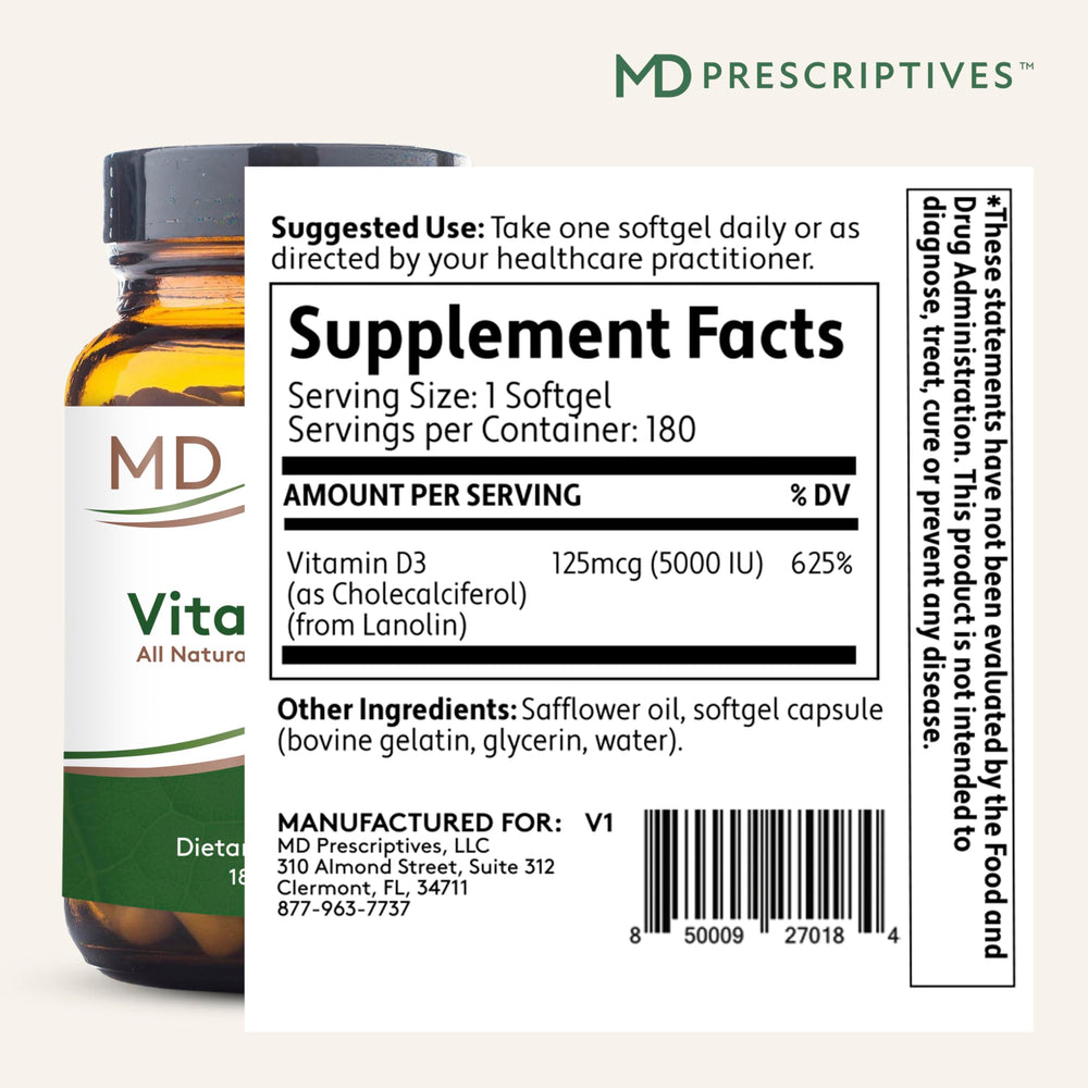 Close-up of MD Prescriptives Vitamin D3 softgels highlighting smooth, easy absorption.