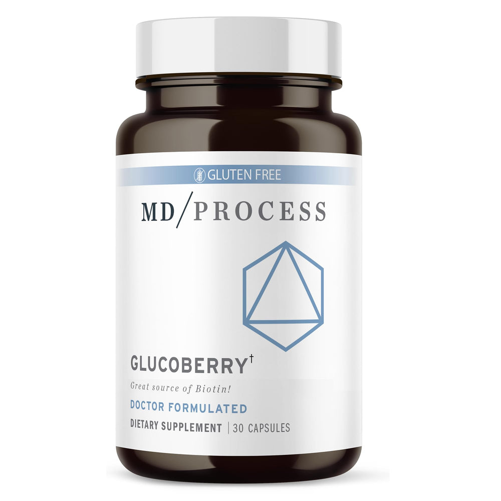MD Process GlucoBerry bottle highlighting Maqui berry for antioxidant support.