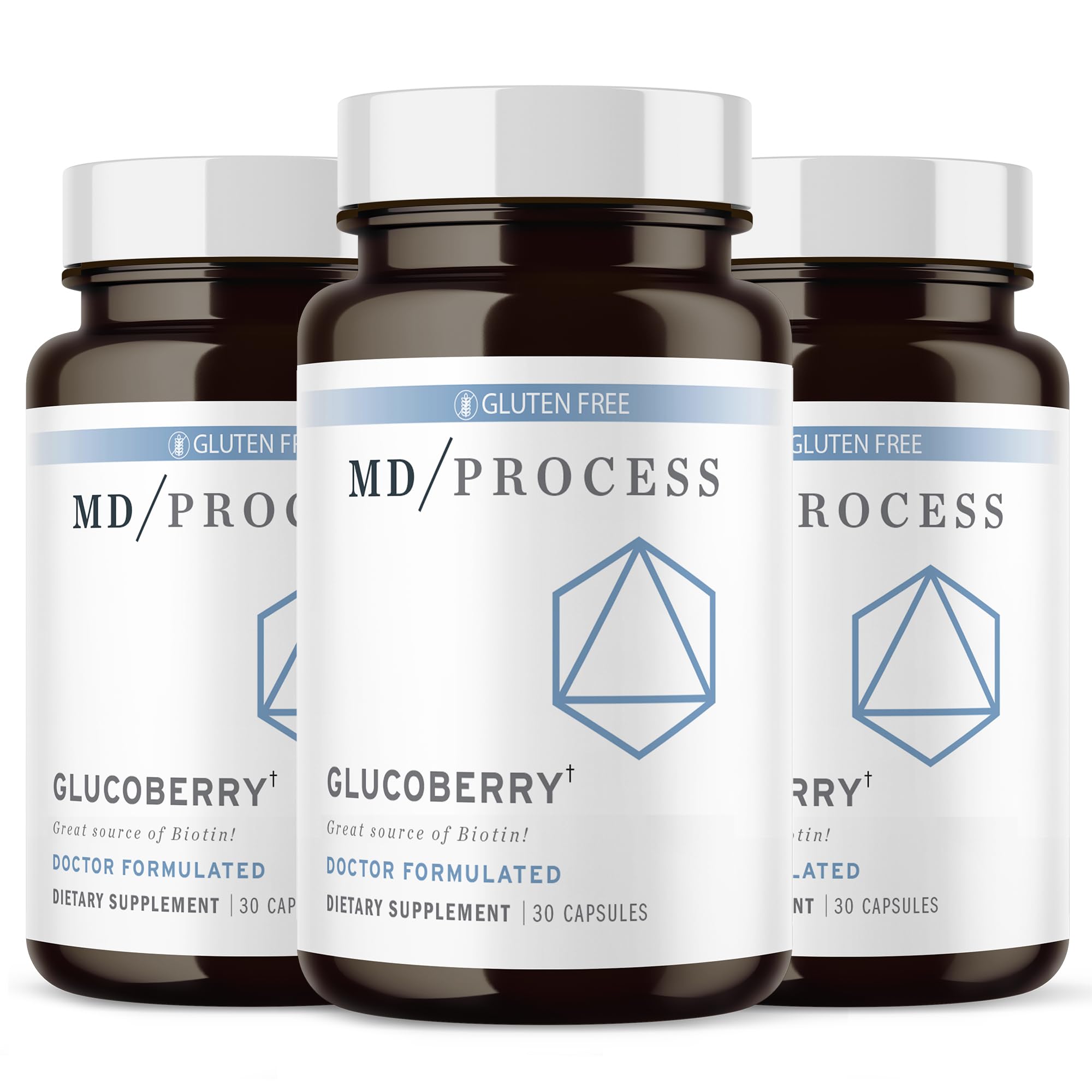 MD Process GlucoBerry bottle shows key ingredients for daily blood health support