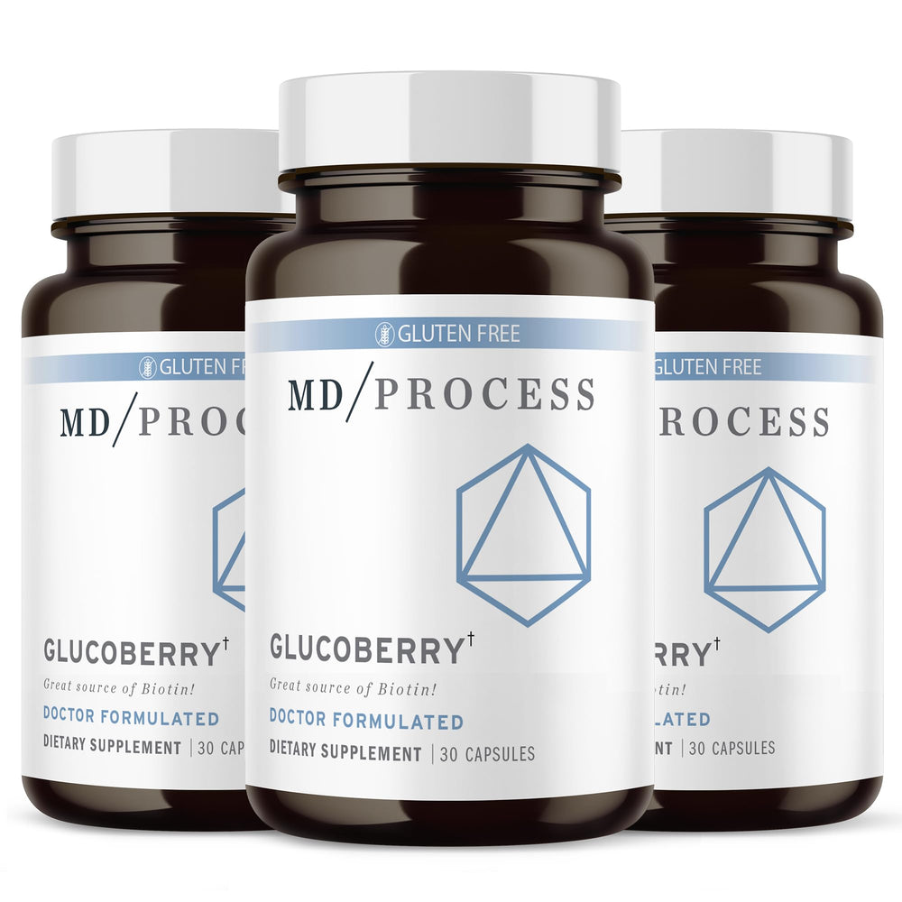 MD Process GlucoBerry bottle shows key ingredients for daily blood health support