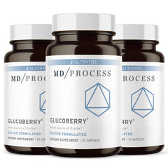 MD Process GlucoBerry bottle shows key ingredients for daily blood health support