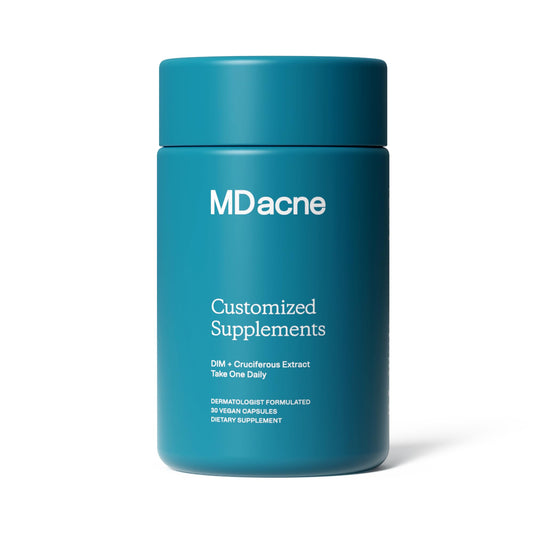 MDacne DIM Skin Clearing Supplements bottle, vegan option for internal acne support.