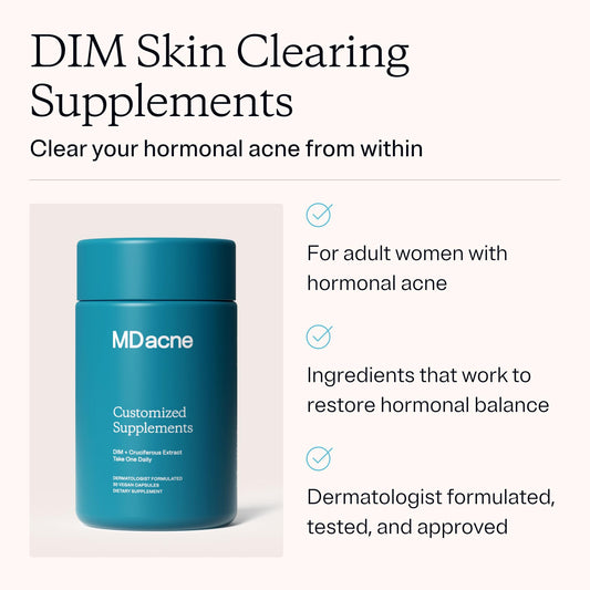 Close-up of MDacne DIM capsules, convenient daily capsule format.