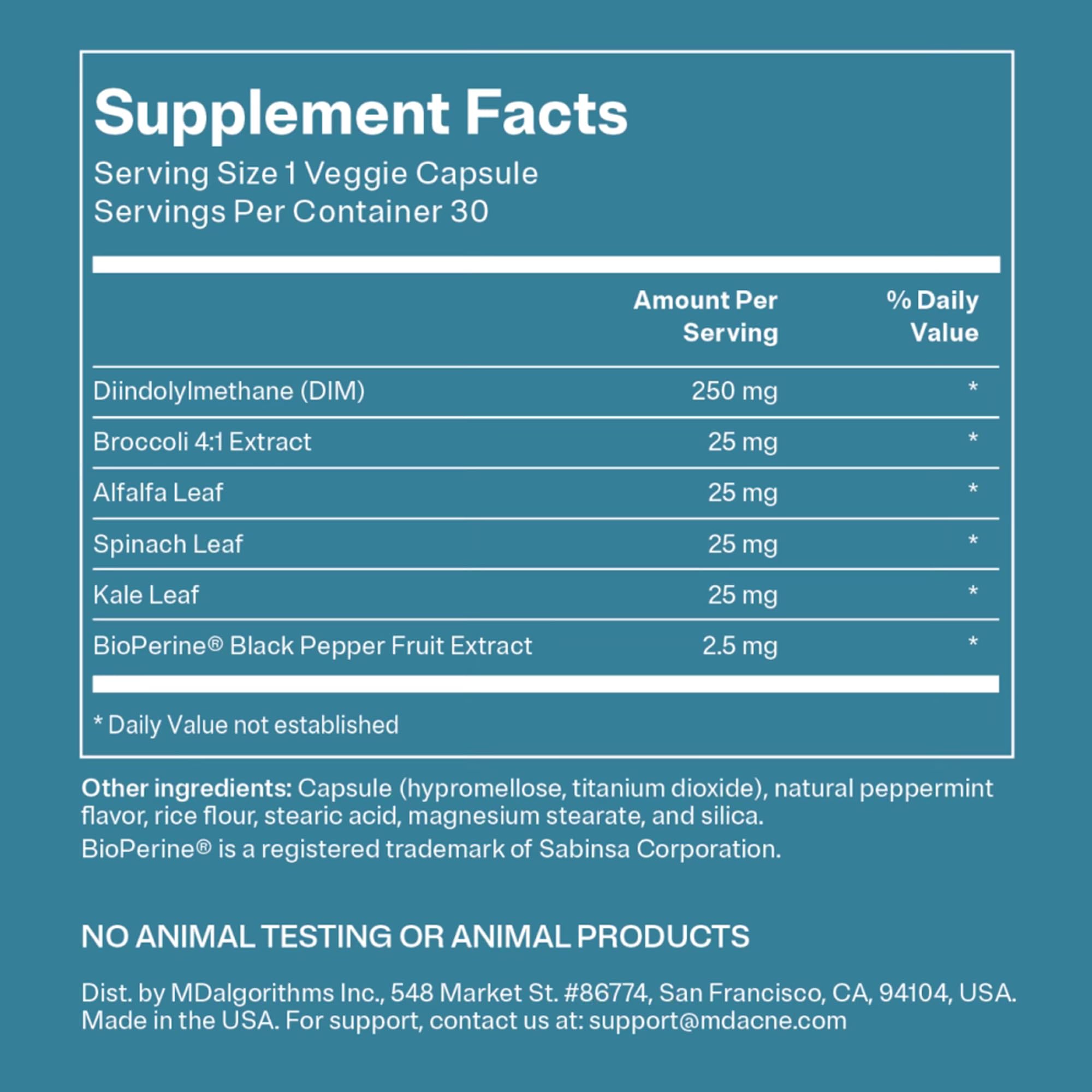 MDacne vegan, non-GMO, gluten-free formulation label for clean beauty.